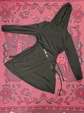 Long Hooded Lace-Up Side Tunic Sweatshirt - Olive Green